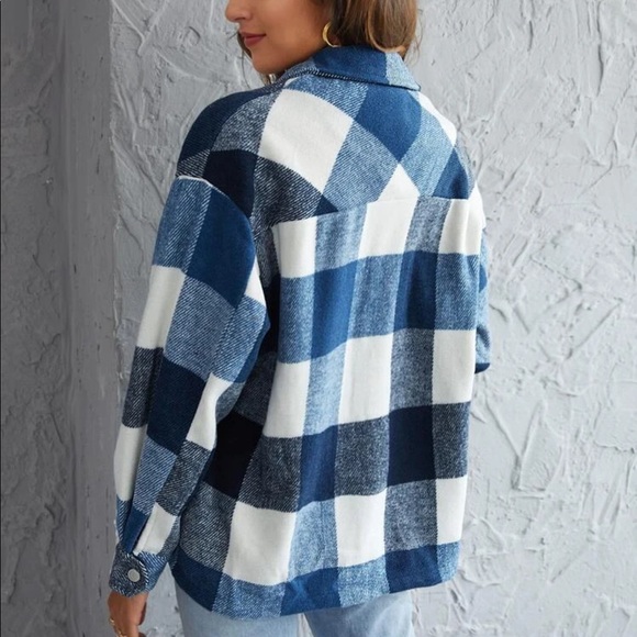 plaid boyfriend fit trucker jacket blue - Picture 2 of 4
